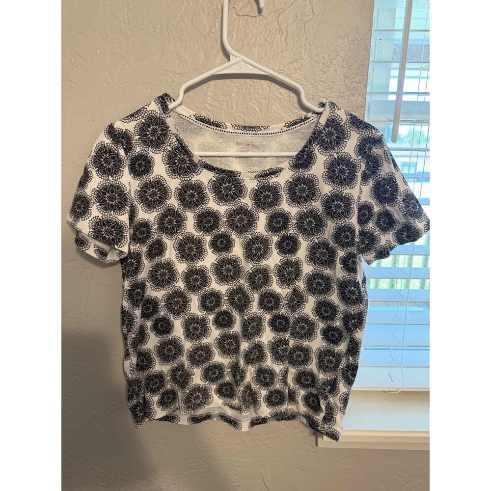 White Stag Womens Black White Floral Medallion Print Short Sleeve Tee Shirt M